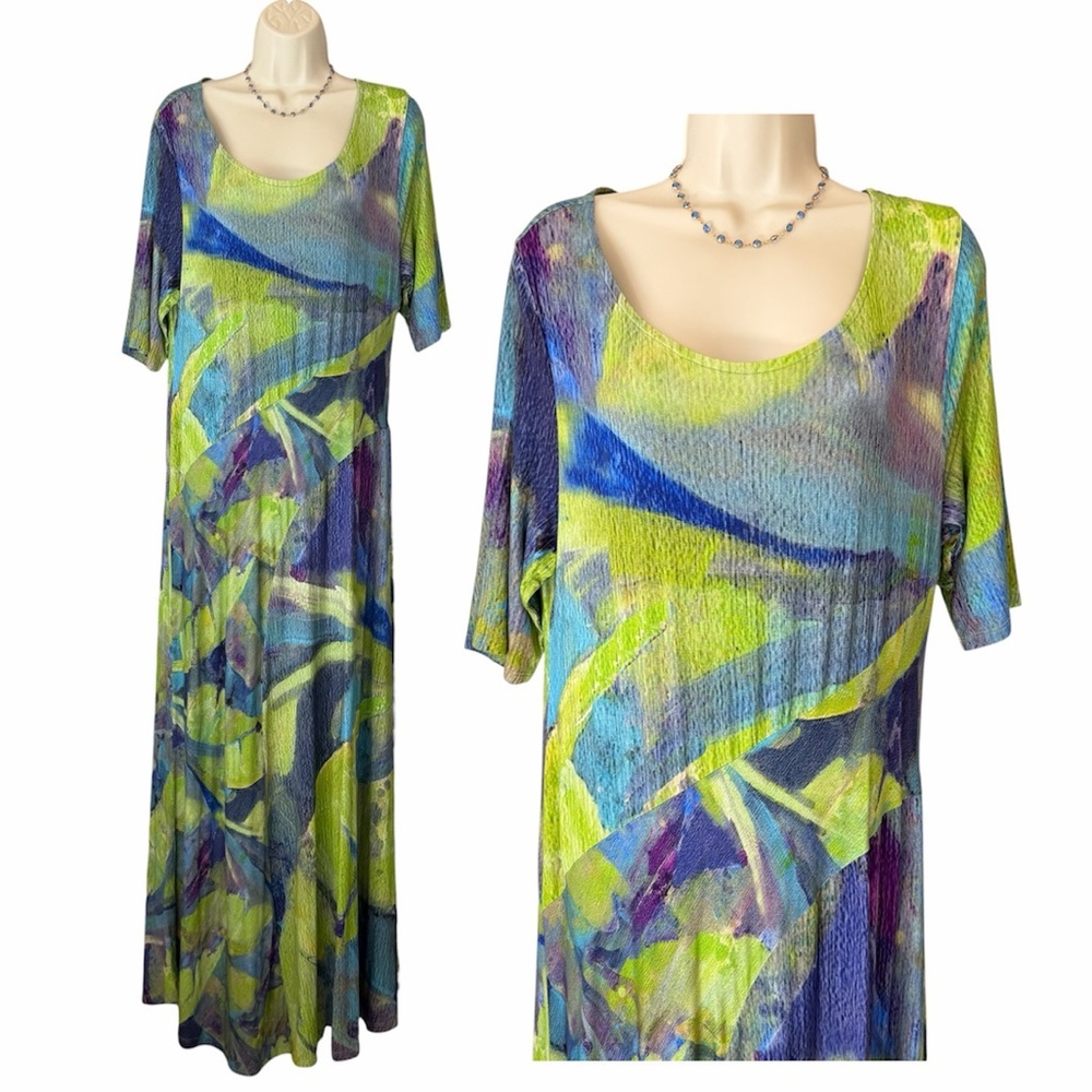 Soft Surroundings Maxi Dress LG Green Blue Abstract Print Stretch Spring Artsy